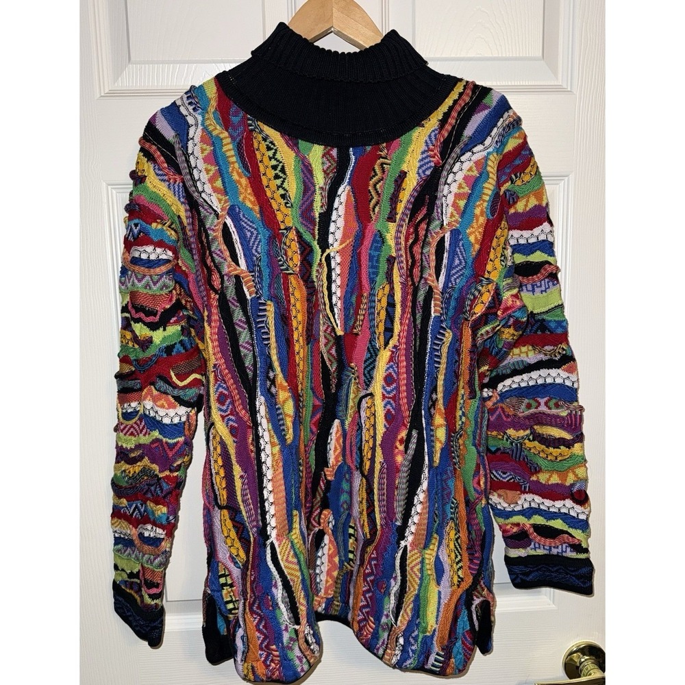 COOGI 3D Knit Sweater Medium MultiColor Abstract Turtleneck Textured Mercerized
